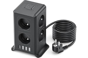 KEMELO Multiprise avec Interrupteur Tour, 12 en 1 Prise Multiple avec 8 Prises Françaises et 4 USB, Multiprise 1 USB C et Rallonge Electrique 2M, Multi Prise Electrique Convients, Maison, 3680W, Noir