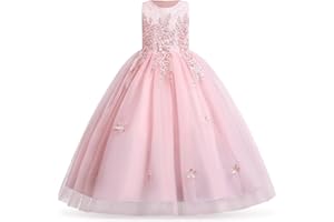 IWEMEK IWEMKE Enfants Filles Robe Mariage Tulle Dentelle Robe Princesse Longue Fleur Brodée Soirée Demoiselle d'honneur Robe Tutu sans Manches pour Pageant Baptême Fête Anniversaire Carnaval 3-12 Ans