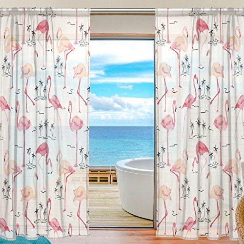 Sheer Voile Window Curtain Flamingo Tropical Palm Pattern Printed