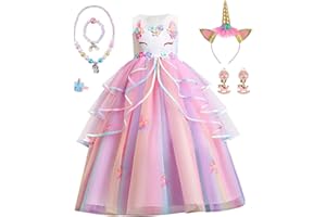 TOLOYE Sukienka księżniczki, kostium jednorożca, dla dziewczynki, sukienka z opaską na włosy, zestaw naszyjników, kostium księżniczki, na Boże Narodzenie, Halloween, karnawał, imprezę urodzinową