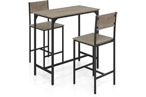GiantexUK 3 Piece Bar Table Set, Metal Frame Kitchen Table and Chairs with Footrests & Non-Slip Foot Pads, Industrial Breakfast Furniture Set for Home Bar Dining Living Room (Gray + Black)