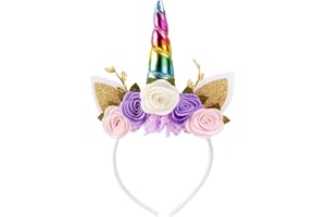 Nishine Unicorn Headband Nonwoven Flowers Cat Ears Pony Head Bands Tiara Glitter Horn for Cosplay Unicorn Party Supplies (Rainbow)