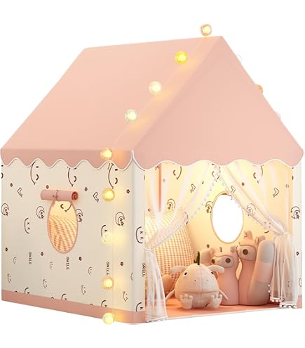 HOMASIS Tente De Jeux Enfants – Cabane Intérieure Avec Tapis Lavable + Guirlande LED Étoiles – 105x121x136 Cm – Bleu, Lumière Colorée
