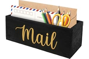 DANDELIONSKY Mail Organizer Solid Tung Wood Letter Holder with 2 Slots Decorative Mail Letter Rack for Countertop Multifunctional Postcard Storage Organiser for Home Office Entryway Living Room (Black Gold)