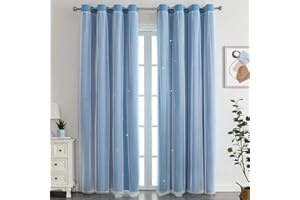 Nyescasa Verdunklungs Vorhänge Kinderzimmer Vorhang Doppellagige Gardienen mit Höhlen Sterne mit Voile Ösenschal für Wohnzimmer Schlafzimmer Mädchen Dekoschal 2er Set 214x132cm(H×B) Blau