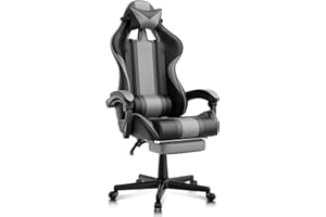 Ferghana Silla Gaming/Racing Ergonomica con Masaje Silla Reposapiés Oficina Sillon de Juegos con Reposacabezas Reclinable Gris