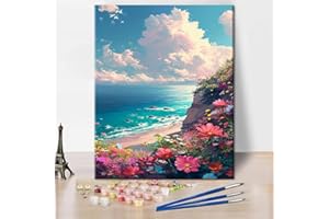 TISHIRON Vernice da spiaggia con i numeri, per adulti, paesaggio marino, colore fai da te in base ai numeri, per adulti, principianti, pittura a olio per la casa, 16 x 20 pollici, senza cornice