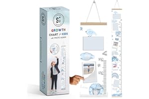 SHOPPERVAL Toise Murale pour Mesurer la Taille de l'Enfant (Garçon ou Fille) avec ALBUM PHOTO pour Suivre l'Évolution Bébé sans Stickers Idéal pour Cadeau Original Naissance et Décoration Chambre (BLUE DREAM)