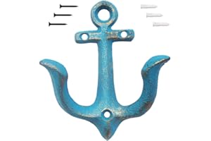 KiaoTime Blue Vintage Rustic Cast Iron Nautical Anchor Design Wall Hooks Coat Hooks Rack, Decorative Wall Mounted Antique Shabby Chic Metal Home Bathroom Towel Coat Hooks Hanger