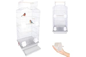 BAKAJI Klatka dla ptaków, nierozłącznych papug, papug, ptaków, szyberdachów i karmników, drewniane grzędy, klatka z wyjmowaną tacą do łatwego czyszczenia (biała)