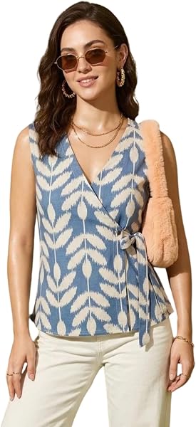 LABEL ADRIJA Pure Cotton Floral Printed Sleeveless Top for Women Waist Tie-Ups Wrap