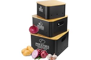 Otauoaea Caja Para Guardar Patatas - Juego de 3 Tarros de Patatas Tarro de Cebolla Tarro de ajo - Almacenamiento Cocina con Tapa de bambú y Orificios de Ventilación - Almacenamiento Espacioso - Negro