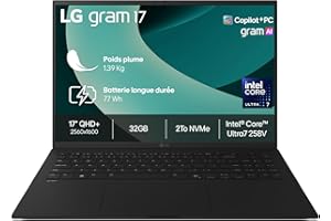 LG Gram 17Z90TL-G.AU8BF - PC Portable 17" 1389g, écran DCI-P3 99% QHD+ Format, Intel® Evo™ Ultra7, RAM 32Go, SSD 2To NVMe, Intel® Arc™ Graphics, Windows 11 Home Next Gen. Premium, Noir Obisidien