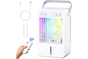 HONMICON Aire acondicionado móvil, 1500 ml aire acondicionado portátil silencioso refrigerador de aire USB ventilador con control remoto, 5 velocidades y 3 modos, temporizador de 10H, luz colorida, ideal para
