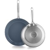 GreenPan Treviso Set of 2 Nonstick Healthy Ceramic and Stainless Steel Frying Pans 24 and 28 cm, without PFAS, Suitable for I