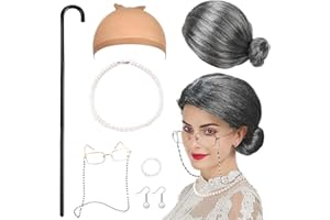 Gohytal Oma Perücke Grau, 8er Set Alte Dame Cosplay Zubehör Perücke Oma Kostüm Accessoire mit Brille Kette Perlenkette Armband Spazierstock für Fasching Maskerade Cosplay Köln-Karneva Party