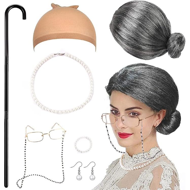 Oma-Kostüm-Set – 5-teilig Mit Perücke, Brille, Kette, Halskette & Mütze, Für Halloween & Cosplay
