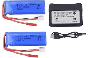 BLLRC 2PCS 7.4V 550mAh Batterie au Li & Chargeur 2 en 1 pour WLToys P929 P939 K979 K989 K999 K969 Télécommande Haute Vitesse Batterie de Voiture à Quatre lecteurs d'alliage de dérive Hors Route