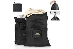 aceyoon Lot de 2 Sac à Linge Sale Voyage 60 x 70 cm Sac de Rangement Pliable avec Poignée, Cordon, Crochet Sac Portable pour Vêtement en Tissu Polyester Résistant pour Jouets Collège Camping (Noir)