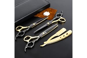 M&LD Professional Black Gold Hairdressing Scissors Stainless Steel Barber Hair Cutting Scissors Sets Salon Multifunctional Straight Shears Teeth Scissors Thinning Shears Tools for Men Women Home Use