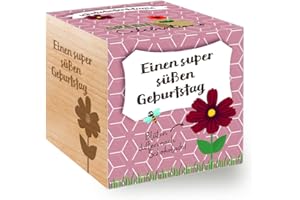 Feel Green 296619 Celebrations Ecocube, Schokoladenblume, Holzwürfel Mit Lasergravur «Einen Super Süßen Geburtstag», Nachhaltige Geschenkidee, Anzuchtset, Made in Austria