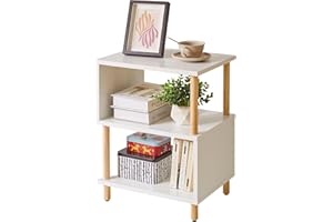Aibiju Weißer Beistelltisch, Nachttisch， Kaffeetisch, Sofatisch mit 2 offenen Fächern für Schlafzimmer, Wohnzimmer, Weiße + holzfarbene Beine, YD-TM152W