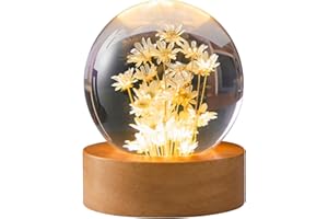 CIMSFCOR Lampka nocna 3D z kwiatową kryształową kulą, 6 cm, szklana kula, z drewnianą podstawą, kryształowa kula ze stokrotką, wieczny kwiat, do dekoracji stołu, na urodziny, Boże Narodzenie, żółta stokrotka