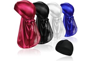 SAMSEROT 4 Pcs Silky Durag Caps Headwraps with Long Tail and 1 Piece Silk Wave Cap Perfect for Men 360 Waves