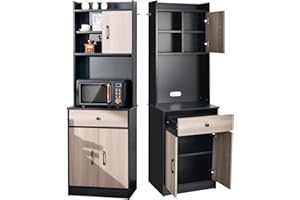 KOMFOTTEU Aparador Alto de Madera con Cajón y Estante Ajustable, Alacena de Cocina con Agujeros para Cables, Armario para Microondas, Mueble de Almacenaje, 60 x 40 x 180 cm (Negro)