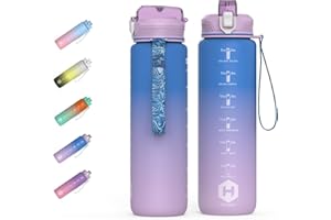 HOMEEX 1L (32oz) Motivational Water Bottle, BPA-free Sports Water Bottle with Time Marker - Quotes - One-Click Technology Ideal for Jogging, Hiking, Office, School, Adults, Children (Blue & Purple)