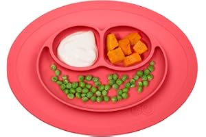 ezpz Mini Mat (Coral) - 100% Silicone Suction Plate with Built-in Placemat for Infants + Toddlers - First Foods + Self-Feeding - Comes with a Reusable Travel Bag - 6 Months+