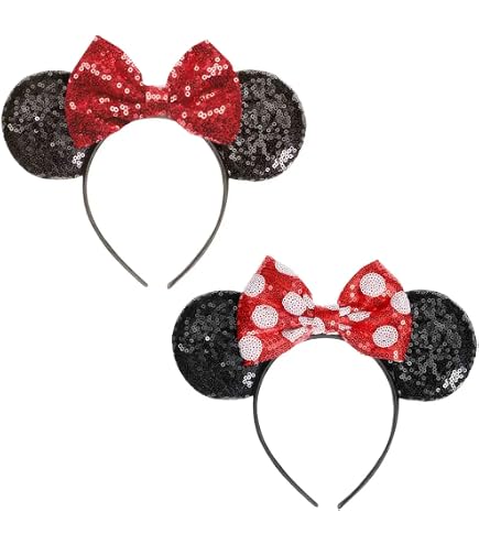 SERENA'S 2 Cerchietti Con Orecchie Di Minnie E Fiocco Rosso A Pois - Accessorio Per Travestimenti, Feste A Tema Disney, Halloween E Compleanni, Per Adulti E Bambini