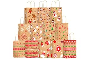 VEYLIN Xmas Kraft Gift Bags, 12 Christmas Paper Present Treat Candy Bags with Handle for Party Supplies (9.1 x 3.5 x 5.9 Inches)