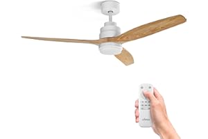 Ufesa Deckenventilator mit Licht LED, 40W, 6 Geschwindigkeiten, Ultra Silent, 3 Flügel Naturholz 132cm, Sommer - Winter Funktion, Timer 8h, 3 Stufen Licht, Fernbedienung, Weiß - Helles Holz