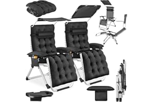 TecTake® Silla Tumbona Plegable para Playa y Jardín, Cojín Cabezal, Estructura de Acero, Mesa Auxiliar, Camping, Incluye Parasol y Bolsillo, Silla Exterior Terraza - 2 Tumbonas Negro