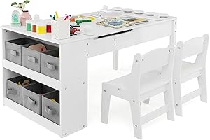 ‎DREAMADE DREAMADE 3 in 1 Kindertisch mit 2 Stühlen aus Holz, Kinder Maltisch mit kippbarer Tischplatte & 6 Stoffboxen & Papierrolle, Kindersitzgruppe mit Stauraum für Kinderzimmer (Weiß,mit 2 Ablagen)
