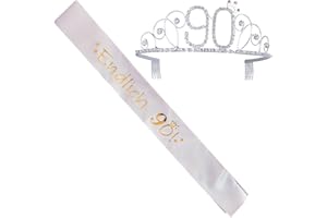 JENICH Set of 2 90th Birthday Sash and Tiara White Birthday Sash Birthday Crown 90 Birthday Crown Princess Crystal Crown Sash for 90th Birthday Gifts Party Supplies