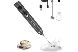 Philorn Elektryczny spieniacz do mleka USB-C z wyświetlaczem baterii LCD – 2 końcówki, 3 stopnie, ręczny spieniacz do mleka, możliwość ponownego ładowania, akumulator, idealny do kawy, latte