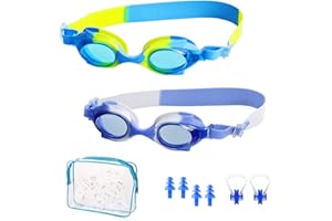 BEIIEB Lot de 2 lunettes de natation en silicone pour enfants, bandeau réglable étanche HD résistant aux UV avec 2 bouchons d'oreille antibruit, 2 clips de nez de natation et 1 sac de rangement transparent.