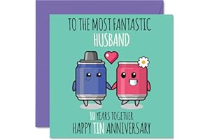 STUFF4 Cute Tin Anniversary Card for Husband - 10 Years Together - Happy 10th Wedding Anniversary Cards for Husband from Wife, 145mm x 145mm Greeting Cards for Tenth Anniversaries