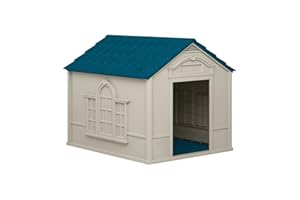 Suncast Deluxe Dog House for Dogs up to 100 Pounds with Removable Roof, Vents, Crowned Channeled Floor, and Personalization Labels, Taupe/Blue