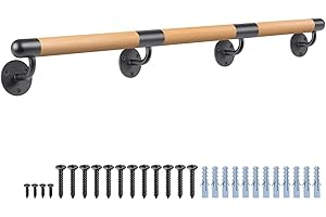 Dolibest 300cm Main Courante en Bois, Rampe d'escalier Bois en Hêtre Ronde 3.8cm Poignée de Sécurité Barre d'escalier avec Support Intérieur Murale Balustrade pour Enfant/Handicapée/Personnes âgées