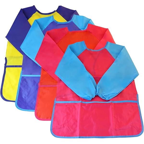Blouse De Peinture Enfant 5-10 Ans – Tablier Manches Longues Imperméable 3 Poches – Bleu & Rouge (taille M)