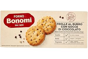 Forno Bonomi Frolle al burro con gocce di cioccolato. Frollini al burro con gocce di cioccolato ideali per uno spuntino gustoso. Provali con il latte o con il caffè. Confezione da 150g