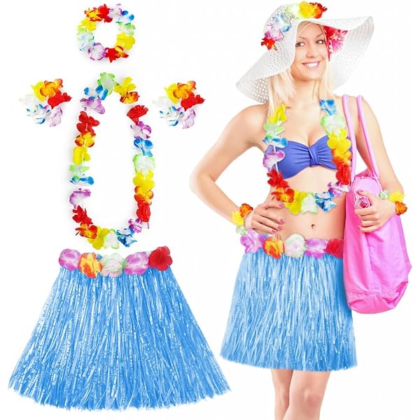 Costume Hawaïen Complet Femme/Enfant – Jupe Herbe Hula + Leis + Bracelets + Bandeau – Fête Luau Plage Tropicale