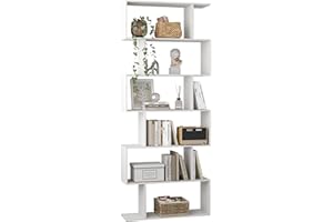 Yusong Bookshelf 6-Tier, Geometric Bookcase S Shaped Book Shelves for Bedroom, Modern Wood Decorative Display Shelf Tall Book Case for Home Office, White