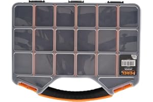 Perel Boite de rangement compartimentée vide, boîte rangement outils bricolage, boite compartiment, couvercle en plastique transparent, 16 séparateurs amovibles, empilable, 327 x 258 x 47 mm,