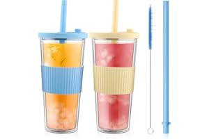 AiMeiteng Bicchiere con cannuccia, Bicchiere in plastica, riutilizzabile con cannuccia e coperchio, 710 ml in plastica Tumbler tazze, 2 tazza per caffè e bevande fredde, tazza da viaggio