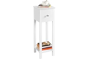 Yaheetech Comodino da Camera da Letto Tavolino Stretto in Stile Shabby Chic con Cassetto Tavolino Lato Alto Mobile Porta Telefono da Divano Salotto Soggiorno 25 x 25 x 70 cm Bianco