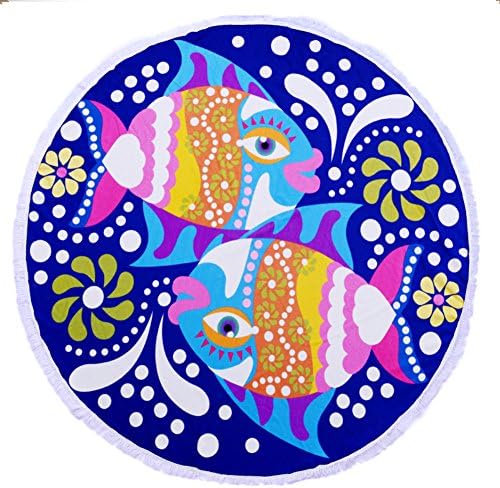 FitLit Round Beach Towel - Fish, Large 59 Inch, Thick and Soft, Hippie Picnic Blanket, Bath Towel, Yoga Mat